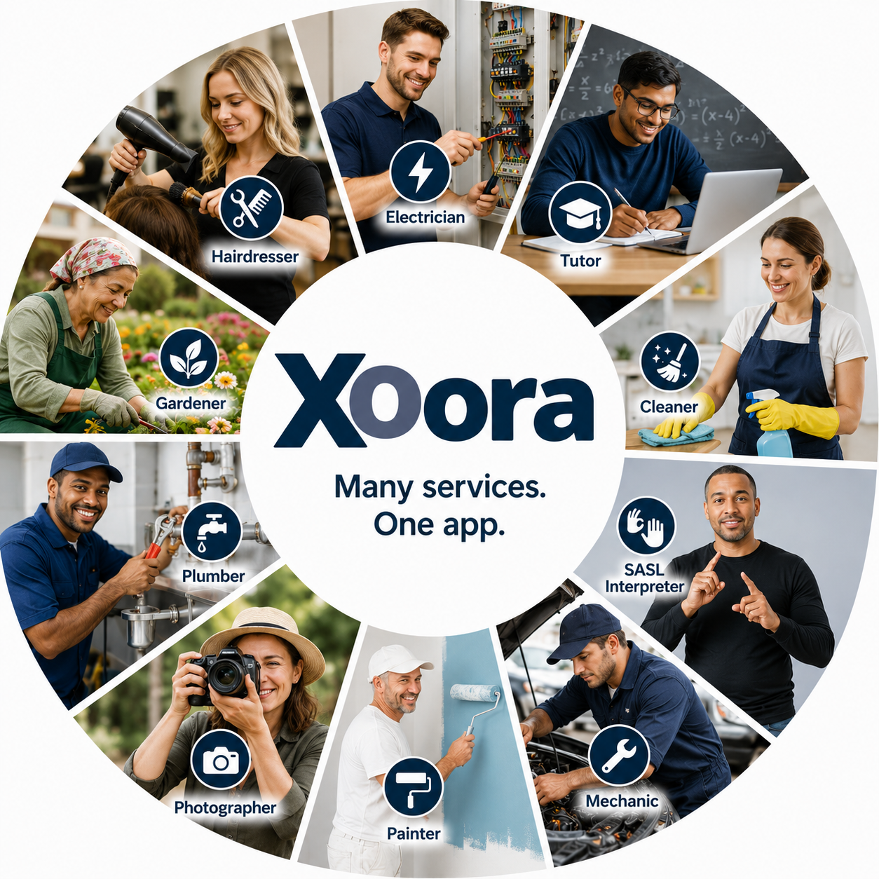 Circular collage showing different service providers available through Xoora
